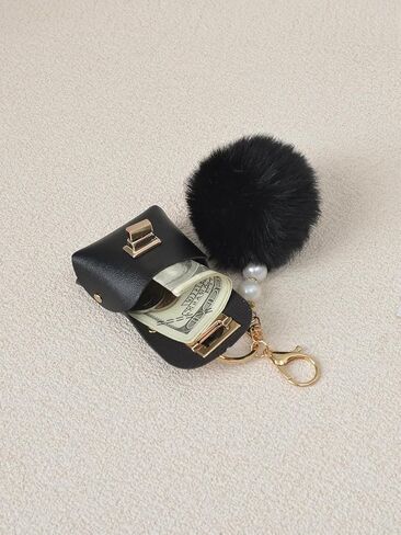 Mini PU Coin Purse Keychain with Plush Ball Decorative Bag Charm for Women in Saudi Arabia