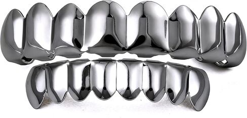 Acfun 24K Gold Plated Hip Hop Teeth Grillz Punk Custom Fit Polished Teeth Grillz Caps Top & Bottom Grill Set with 2 Silicon Molding Bars Removable Grills for Women Men Gift Halloween Party (Gold) in Kuwait