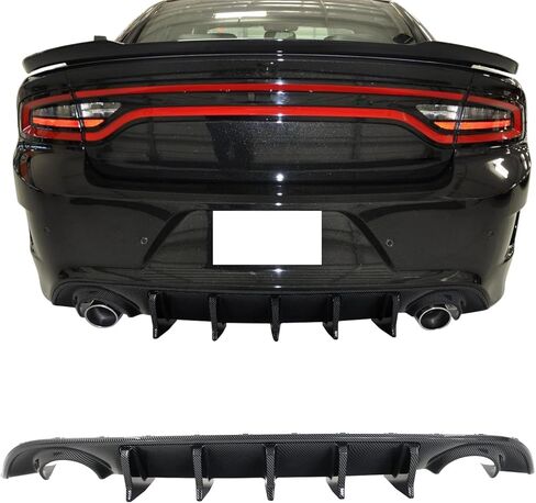 IKON MOTORSPORTS, Rear Diffuser with Light Compatible with 2015-2023 Dodge Charger, IKON V3 Style Matte Black PP Rear Bumper Diffuser Lip Shark Fins, 2016 2017 2018 2019 2020 2021 2022 in Saudi Arabia