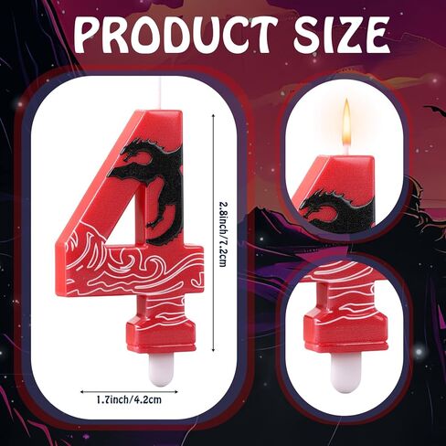 Lounsweer Dragon Anime Themed Number 4 Candles, 4th Birthday Numbers Cake Candles, Red Black Western Dragon Decor Cake Topper for Cartoon Anime Movie Themed Birthday Decor, 3 Inch in Saudi Arabia