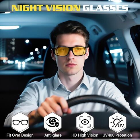 Anti Glare Polarized Night Driving Glasses，Fit Over Prescription Eyeglasses for Men Women,Yellow Lens Enhanced Night Vision Clarity in Kuwait