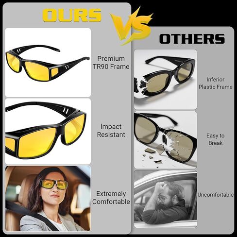 Anti Glare Polarized Night Driving Glasses，Fit Over Prescription Eyeglasses for Men Women,Yellow Lens Enhanced Night Vision Clarity in Kuwait