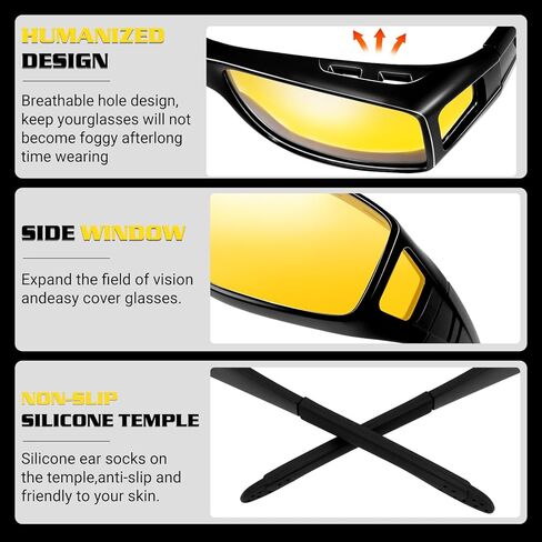 Anti Glare Polarized Night Driving Glasses，Fit Over Prescription Eyeglasses for Men Women,Yellow Lens Enhanced Night Vision Clarity in Kuwait