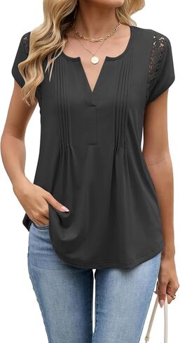 Famulily Womens Split V Neck Blouse Lace Short Sleeve Tee Shirts Summer Casual Pleated Flowy Tunic Tops in Saudi Arabia