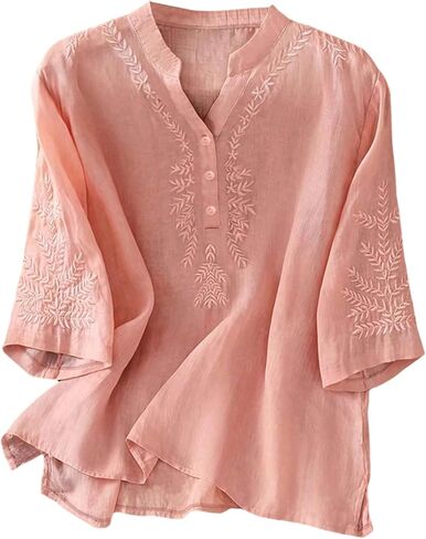 GORGLITTER Women's Boho Linen Shirts Embroidered 3/4 Sleeve Peasant Blouses Casual Gauze Tops Summer Going Out Outfits in Saudi Arabia