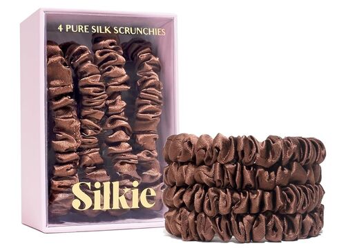 SILKIE x4 Set 100% Pure Mulberry Silk Brown Skinny Scrunchies Travel Pouch Everyday Hair Ties Elastics Hair Care Ponytail Holder No Damage (Praline) in Kuwait