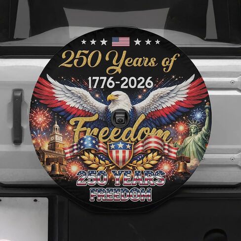 ThangPham Shop Patriotic USA Flag 250th Anniversary Spare Tire Cover with/Without Backup Camera Hole – Freedom Celebration Vehicle Wheel Protector in Saudi Arabia