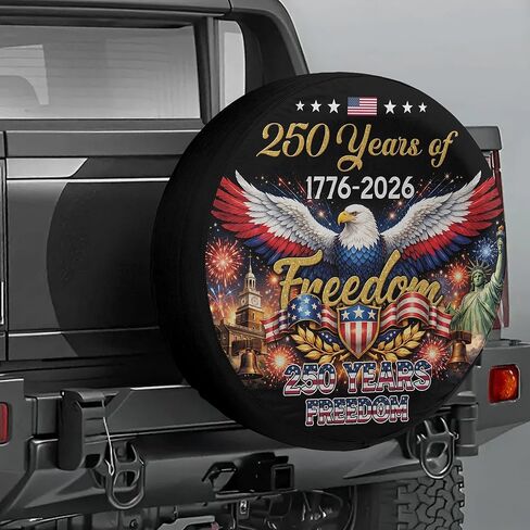 ThangPham Shop Patriotic USA Flag 250th Anniversary Spare Tire Cover with/Without Backup Camera Hole – Freedom Celebration Vehicle Wheel Protector in Saudi Arabia