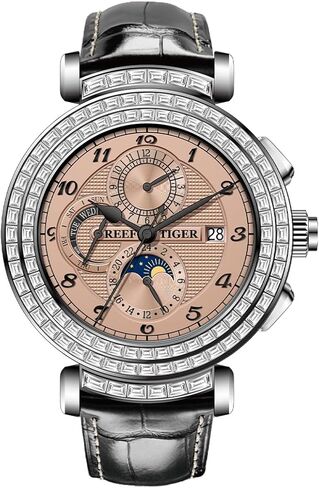 Men's Luxury Automatic Mechanical Watch - 43mm,Diamond Bezel, Sapphire Crystal, Leather Strap, Calendar with Month/Week/Date & 24-Hour Display, Water Resistant, Business Wristwatch for Men in Saudi Arabia