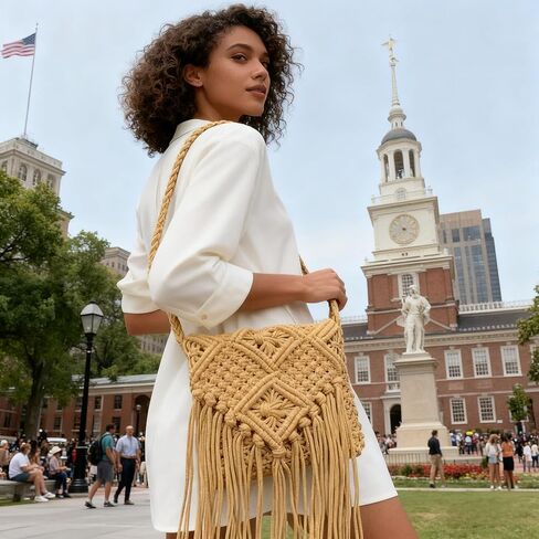 حقيبة كروس كروشيه للنساء من بوهو - محفظة صيفية من الحبال القطنية المنسوجة مع شرابة للعطلات والنزهات غير الرسمية والسفر in Kuwait
