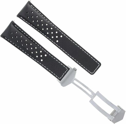Ewatchparts Leather Watch Band Strap Smooth 20mm Compatible With Tag Heuer Carrera CV2010 Watch Black With White Stitching in Saudi Arabia