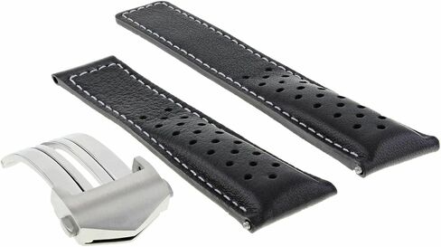 Ewatchparts Leather Watch Band Strap Smooth 20mm Compatible With Tag Heuer Carrera CV2010 Watch Black With White Stitching in Saudi Arabia