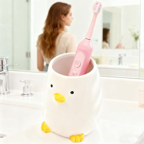 Ceramic Duck Toothbrush Cup for Kid Pencil Holder for Desk Cute Duck Makeup Brush Cute Animal Cup Fit for Office School Home, Yellow (3.93" H) in Kuwait