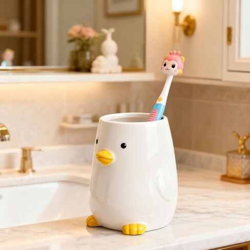 Ceramic Duck Toothbrush Cup for Kid Pencil Holder for Desk Cute Duck Makeup Brush Cute Animal Cup Fit for Office School Home, Yellow (3.93" H) in Kuwait