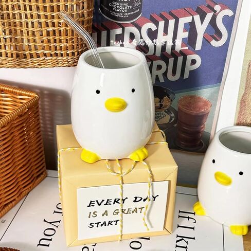 Ceramic Duck Toothbrush Cup for Kid Pencil Holder for Desk Cute Duck Makeup Brush Cute Animal Cup Fit for Office School Home, Yellow (3.93" H) in Kuwait