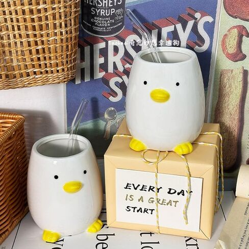 Ceramic Duck Toothbrush Cup for Kid Pencil Holder for Desk Cute Duck Makeup Brush Cute Animal Cup Fit for Office School Home, Yellow (3.93" H) in Kuwait