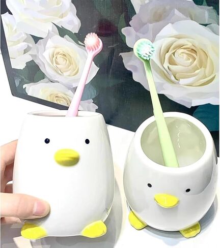 Ceramic Duck Toothbrush Cup for Kid Pencil Holder for Desk Cute Duck Makeup Brush Cute Animal Cup Fit for Office School Home, Yellow (3.93" H) in Kuwait