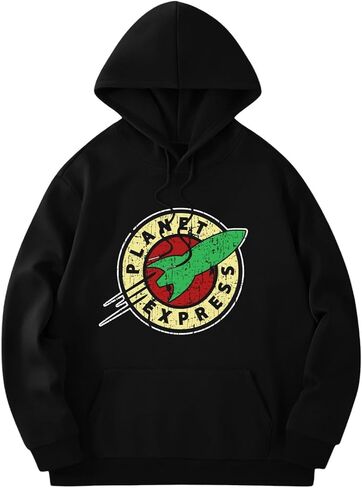 Futurama Planet Express Graphic Hoodie, Black Heavyweight Cotton Casual Pullover with Kangaroo Pocket in Kuwait