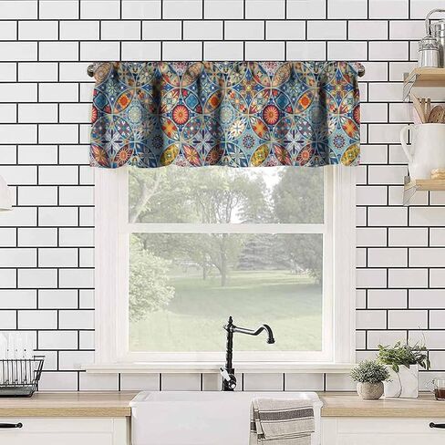 Boho Floral Valance Curtain Colorful Bohemian Mandala Rod Pocket Valance Window Treatments Short Curtains for Kitchen Living Room Bathroom Farmhouse Decor 54x18inch in Saudi Arabia