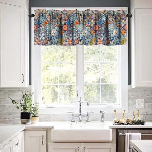 Boho Floral Valance Curtain Colorful Bohemian Mandala Rod Pocket Valance Window Treatments Short Curtains for Kitchen Living Room Bathroom Farmhouse Decor 54x18inch in Saudi Arabia