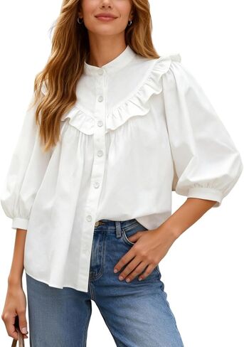 Womens Babydoll Shirts 3/4 Sleeve Button Down Top Ruffle Hem Peplum Tops Loose Fit Cute Blouse in Kuwait