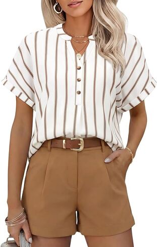 Striped Shirt Women Henley V Neck Button Up Shirt Cap Short Sleeve Blouses Business Dressy Casual Clothes Relaxed Fit in Kuwait