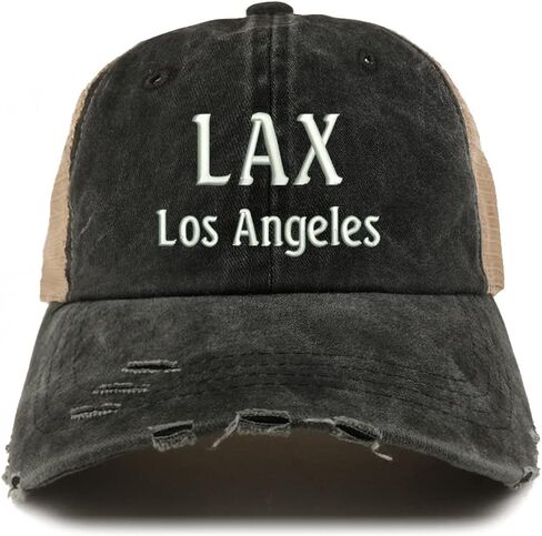 Trendy Apparel Shop LAX Los Angeles Embroidered Frayed Bill Trucker Mesh Back Cap in Saudi Arabia