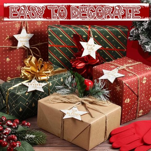 Landhoow 24 Pcs Christmas Names of Jesus Christ Ornament Wood Hanging Ornaments with The Savior Names Christmas Tree Ornament with Burlap Bag for Church Home Office Christmas Tree Decor (Star) in Kuwait