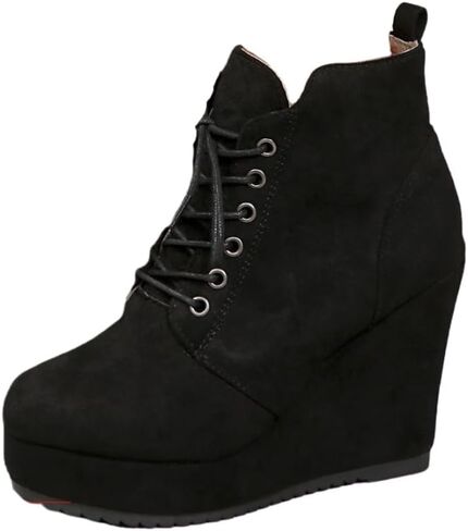Large size, round toe, platform heel, thick and warm, lace-up women's short boots, anti-slip and durable, fashionable and versatile. in Saudi Arabia