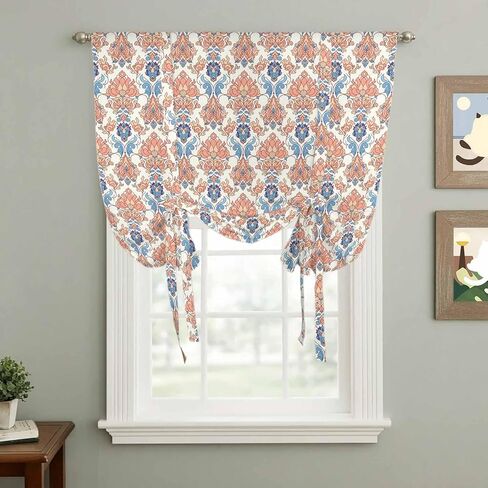 Orange Blue Geometric Tie Up Curtains for Window, Southwest Ethnic Country Thermal Insulated Balloon Shade Adjustable Rod Pocket Curtains Valance Panels for Kitchen Bathroom Café 52'' x 45'' in Saudi Arabia