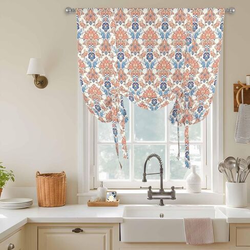 Orange Blue Geometric Tie Up Curtains for Window, Southwest Ethnic Country Thermal Insulated Balloon Shade Adjustable Rod Pocket Curtains Valance Panels for Kitchen Bathroom Café 52'' x 45'' in Saudi Arabia