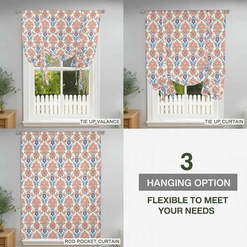 Orange Blue Geometric Tie Up Curtains for Window, Southwest Ethnic Country Thermal Insulated Balloon Shade Adjustable Rod Pocket Curtains Valance Panels for Kitchen Bathroom Café 52'' x 45'' in Saudi Arabia
