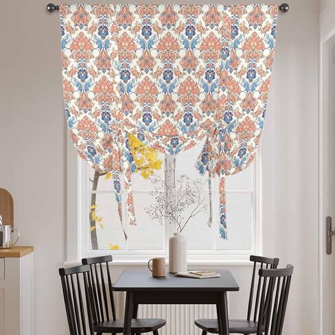 Orange Blue Geometric Tie Up Curtains for Window, Southwest Ethnic Country Thermal Insulated Balloon Shade Adjustable Rod Pocket Curtains Valance Panels for Kitchen Bathroom Café 52'' x 45'' in Saudi Arabia