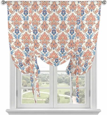 Orange Blue Geometric Tie Up Curtains for Window, Southwest Ethnic Country Thermal Insulated Balloon Shade Adjustable Rod Pocket Curtains Valance Panels for Kitchen Bathroom Café 52'' x 45'' in Saudi Arabia