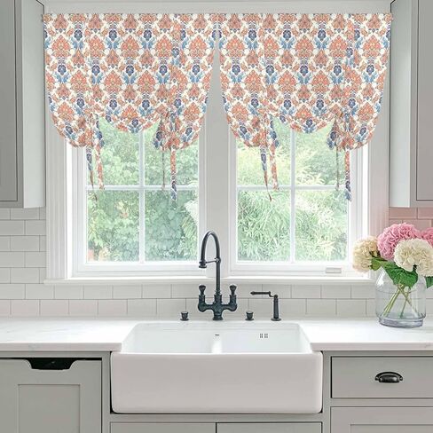 Orange Blue Geometric Tie Up Curtains for Window, Southwest Ethnic Country Thermal Insulated Balloon Shade Adjustable Rod Pocket Curtains Valance Panels for Kitchen Bathroom Café 52'' x 45'' in Saudi Arabia