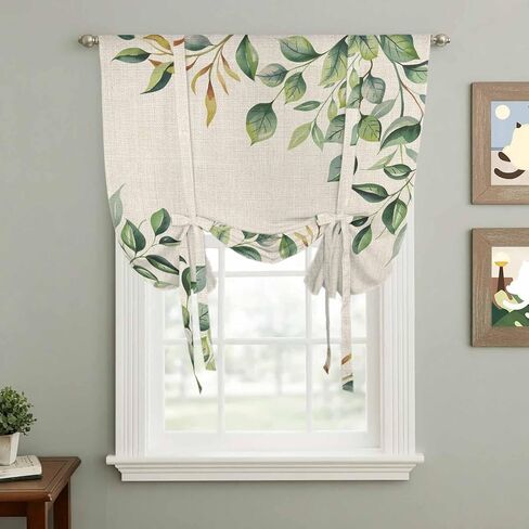 Eucalyptus Tie Up Curtains for Window, Vintage Botanical Plant Country Pastoral Thermal Insulated Balloon Shade Adjustable Rod Pocket Curtains Valance Panels for Kitchen Bathroom Café 52'' x 45'' in Saudi Arabia