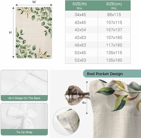 Eucalyptus Tie Up Curtains for Window, Vintage Botanical Plant Country Pastoral Thermal Insulated Balloon Shade Adjustable Rod Pocket Curtains Valance Panels for Kitchen Bathroom Café 52'' x 45'' in Saudi Arabia