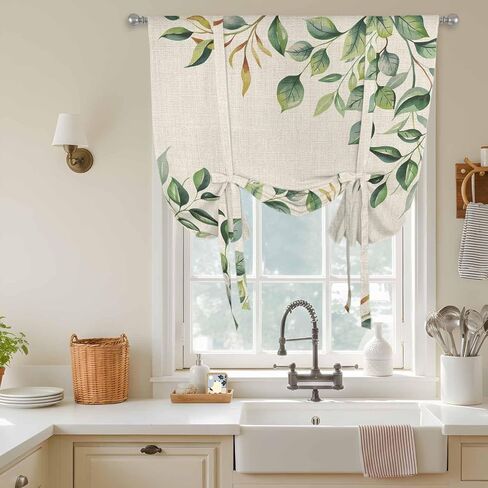 Eucalyptus Tie Up Curtains for Window, Vintage Botanical Plant Country Pastoral Thermal Insulated Balloon Shade Adjustable Rod Pocket Curtains Valance Panels for Kitchen Bathroom Café 52'' x 45'' in Saudi Arabia