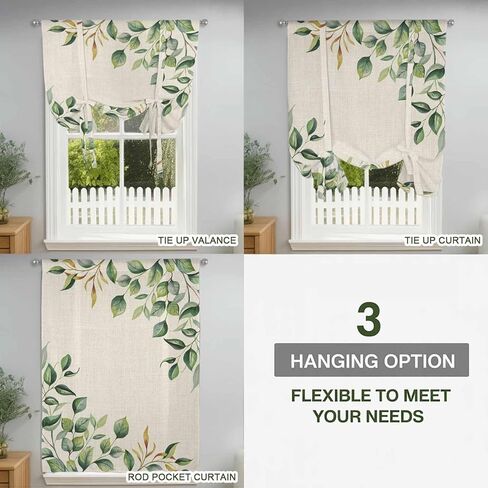 Eucalyptus Tie Up Curtains for Window, Vintage Botanical Plant Country Pastoral Thermal Insulated Balloon Shade Adjustable Rod Pocket Curtains Valance Panels for Kitchen Bathroom Café 52'' x 45'' in Saudi Arabia