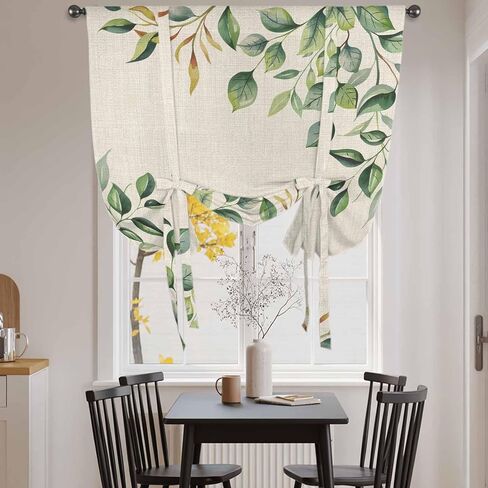 Eucalyptus Tie Up Curtains for Window, Vintage Botanical Plant Country Pastoral Thermal Insulated Balloon Shade Adjustable Rod Pocket Curtains Valance Panels for Kitchen Bathroom Café 52'' x 45'' in Saudi Arabia