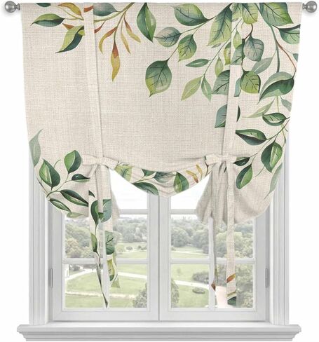Eucalyptus Tie Up Curtains for Window, Vintage Botanical Plant Country Pastoral Thermal Insulated Balloon Shade Adjustable Rod Pocket Curtains Valance Panels for Kitchen Bathroom Café 52'' x 45'' in Saudi Arabia