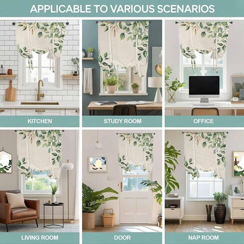 Eucalyptus Tie Up Curtains for Window, Vintage Botanical Plant Country Pastoral Thermal Insulated Balloon Shade Adjustable Rod Pocket Curtains Valance Panels for Kitchen Bathroom Café 52'' x 45'' in Saudi Arabia