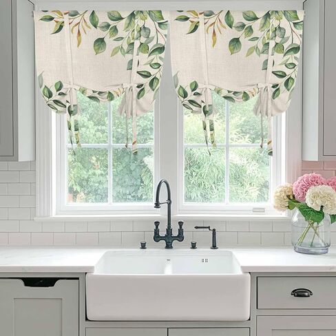 Eucalyptus Tie Up Curtains for Window, Vintage Botanical Plant Country Pastoral Thermal Insulated Balloon Shade Adjustable Rod Pocket Curtains Valance Panels for Kitchen Bathroom Café 52'' x 45'' in Saudi Arabia