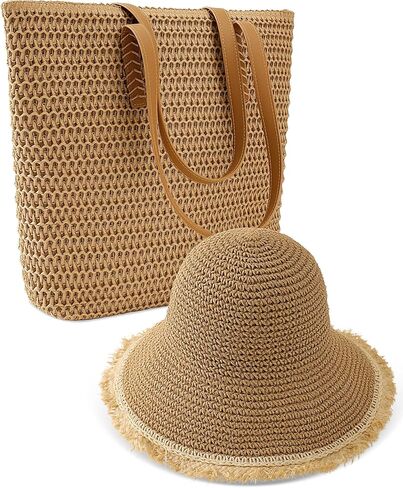 حقائب الشاطئ للنساء ومجموعة قبعات الشمس، حقيبة يد كروشيه مصنوعة يدويًا لقضاء عطلة الصيف، قبعة الشاطئ حماية من الأشعة فوق البنفسجية 50+، مثالية للسفر في الصيف وأيام الشاطئ باللون الأخضر in Kuwait