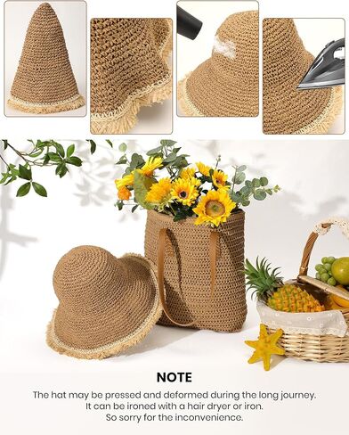 حقائب الشاطئ للنساء ومجموعة قبعات الشمس، حقيبة يد كروشيه مصنوعة يدويًا لقضاء عطلة الصيف، قبعة الشاطئ حماية من الأشعة فوق البنفسجية 50+، مثالية للسفر في الصيف وأيام الشاطئ باللون الأخضر in Kuwait