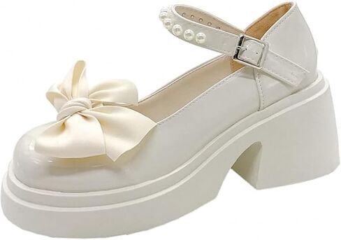 Women Lolita Shoes Heel Mary Jane Lace Pumps with Bow Kawaii Cute Cosplay Wedge Boots Cross Strap Block Heel Sweet Uniform Dress for Prom College Vintage Party Casual in Kuwait