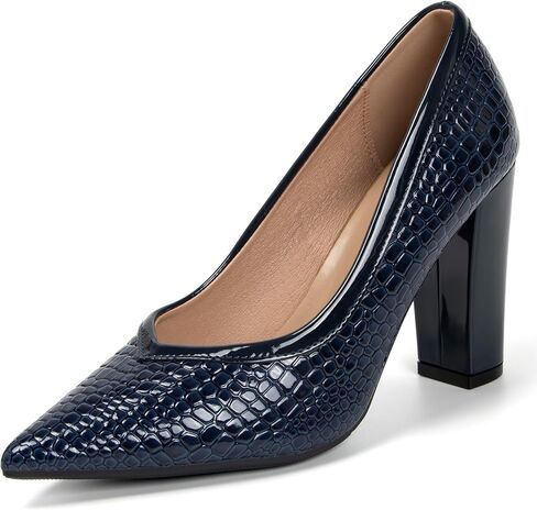 Slip On Patent Leather Dressy Pumps for Women Work Business Prom Pointed Closed Toe Block High Heels 3.7 Inch Black Navy Formal Shoes with Crocodile Texture in Saudi Arabia