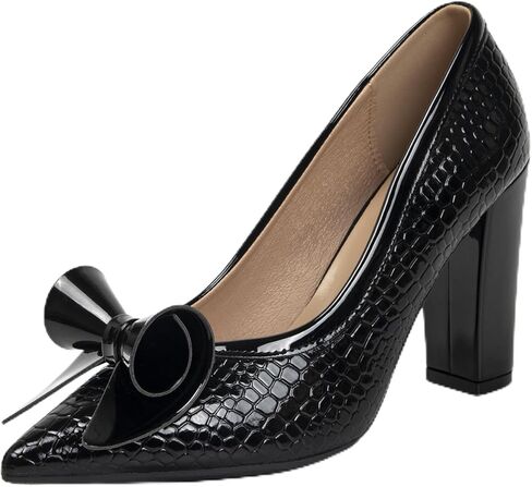 Slip On Patent Leather Dressy Pumps for Women Work Business Prom Pointed Closed Toe Block High Heels 3.7 Inch Black Navy Formal Shoes with Crocodile Texture in Saudi Arabia