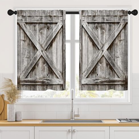 Arttown Wooden Barn Wood Door Kitchen Curtains, Rustic Vintage Plant Short Window Curtains Set of 2, Window Treatment Tier Curtains for Kitchen Over Sink Dining Room Decor (26x36 Inch) in Kuwait