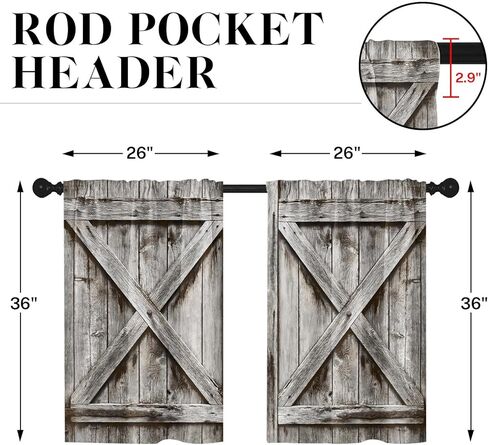 Arttown Wooden Barn Wood Door Kitchen Curtains, Rustic Vintage Plant Short Window Curtains Set of 2, Window Treatment Tier Curtains for Kitchen Over Sink Dining Room Decor (26x36 Inch) in Kuwait